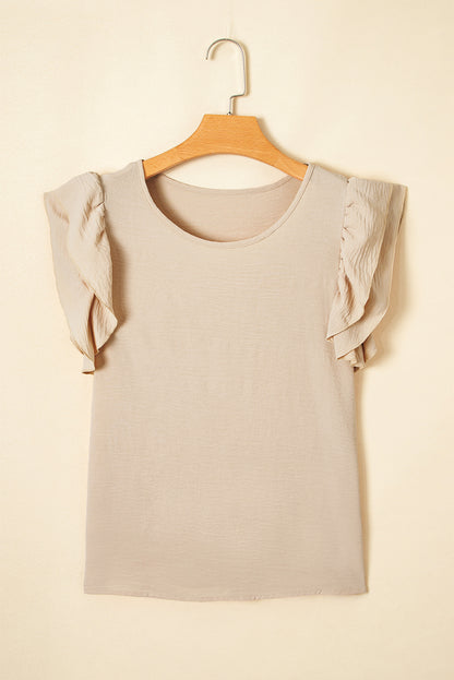 Beige Solid Color Ruffled Short Sleeve Casual Blouse