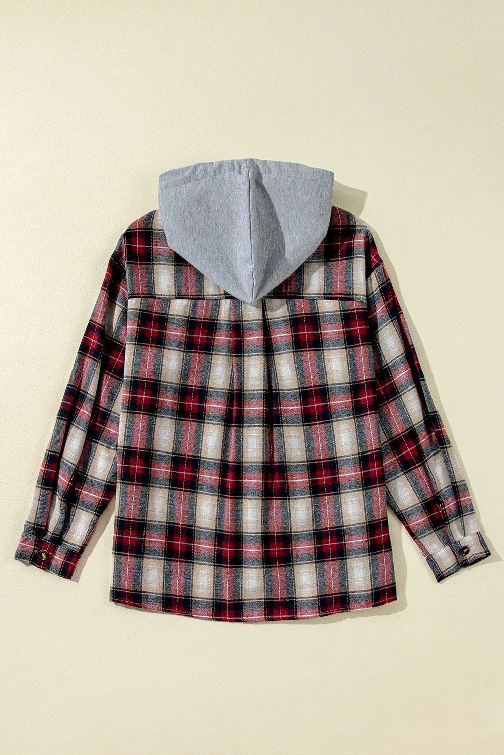 Red Plaid Print Chest Pocket Buttoned Hooded Shacket - Chic Meadow Boutique 