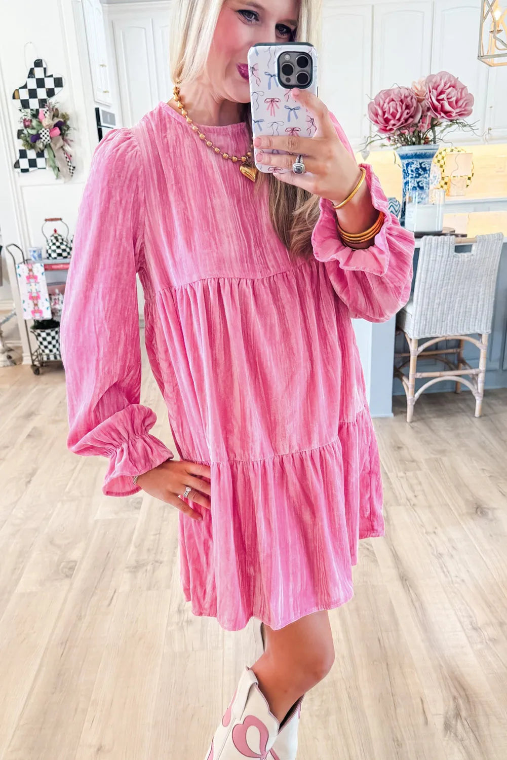 Strawberry Pink Flounce Sleeve Tiered Ruffled Velvet Mini Dress - Chic Meadow Boutique 