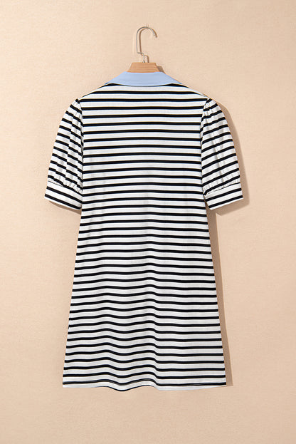 Black Stripe Contrast V Neck Collared Puff Sleeve T Shirt Mini Dress with Pockets