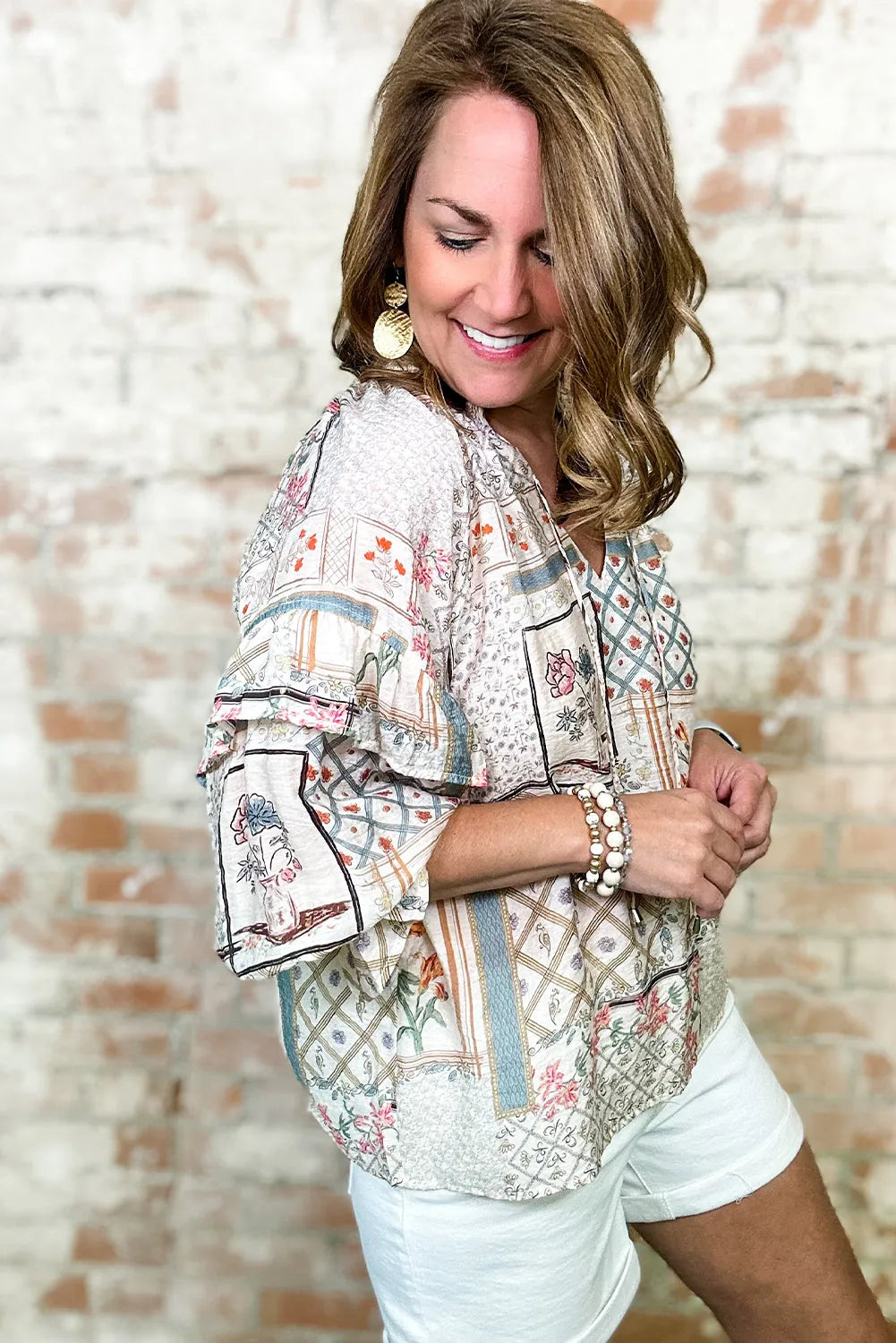 Multicolour Boho Floral Patched Ruffled Sleeve Tied Neck Blouse - Chic Meadow Boutique 