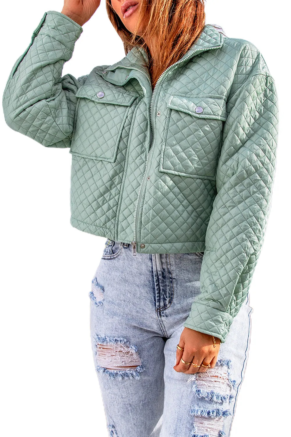 Green Quilted Pocketed Zip-up Cropped Jacket - Chic Meadow Boutique 