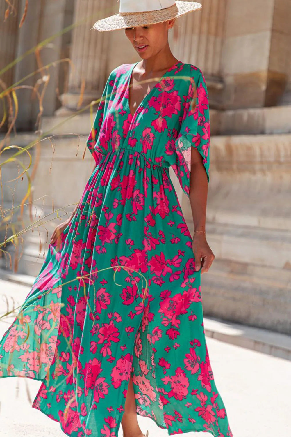 Sea Green Printed V Neck Short Sleeve Split Flared Maxi Dress - Chic Meadow Boutique 