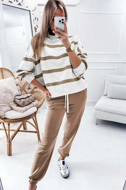 Two Piece Sets/Pant Sets Light French Beige Striped Drop Shoulder Pullover and Jogger Pants Set