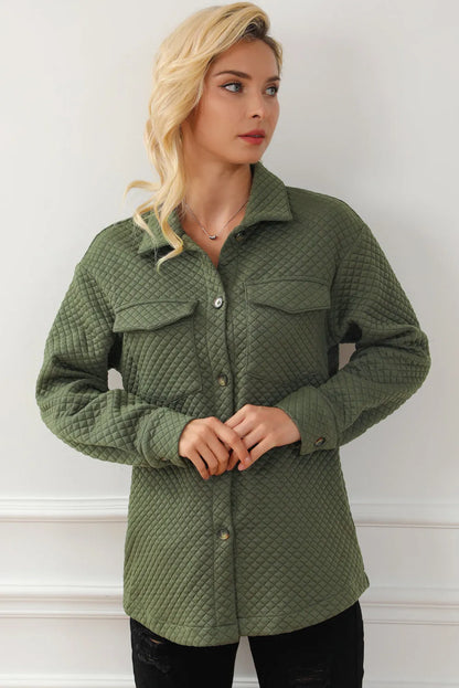 Green Retro Quilted Flap Pocket Button Shacket - Chic Meadow Boutique 