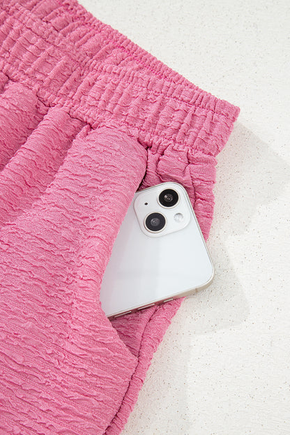 Pink Textured V Neck T Shirt and Shorts Set