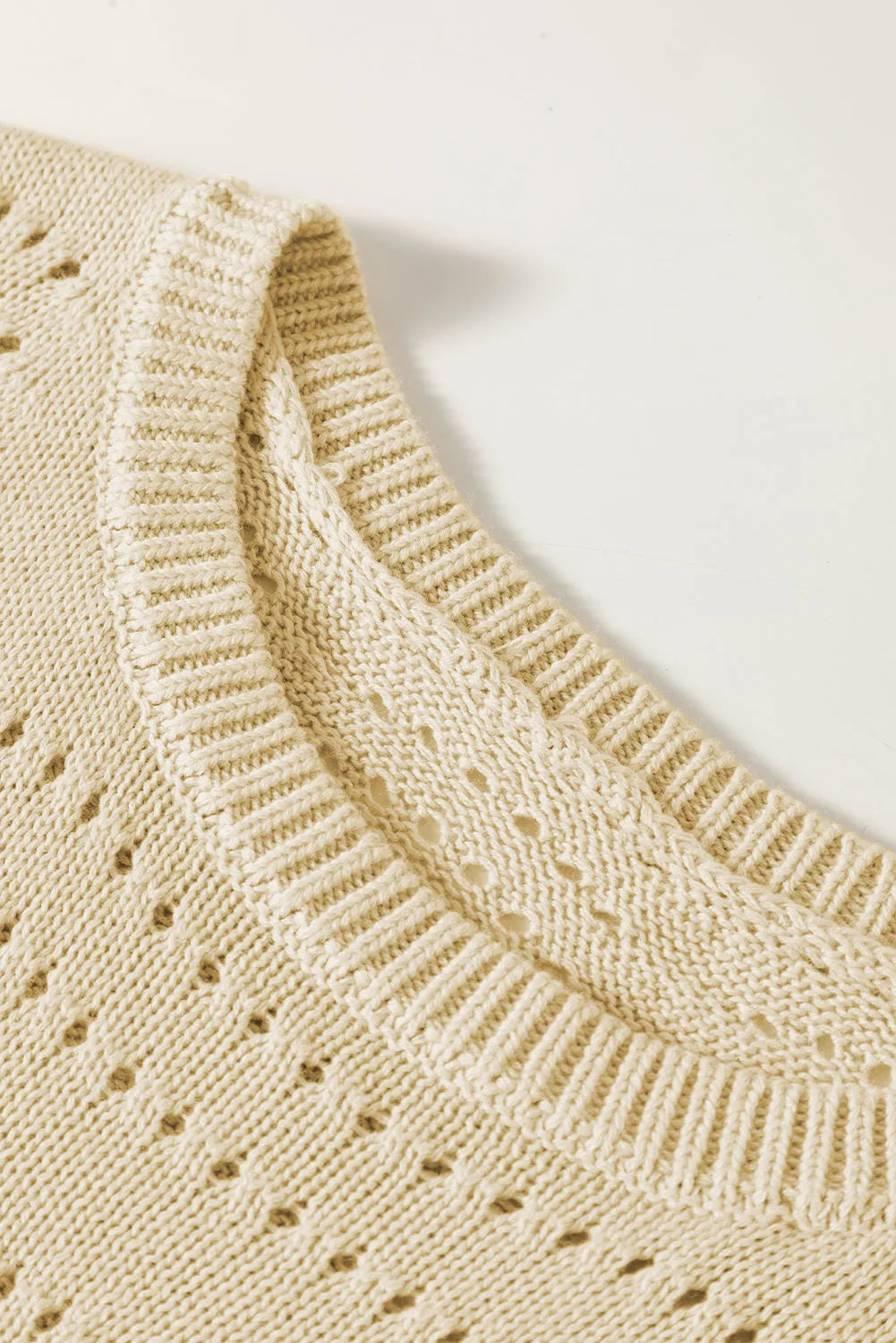 Beige Knitted Hollow out Short Sleeve Crop Sweater - Chic Meadow Boutique 