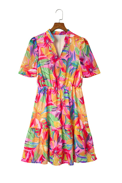 Multicolor Summer Floral Print V Neck Short Sleeve Dress - Chic Meadow Boutique 