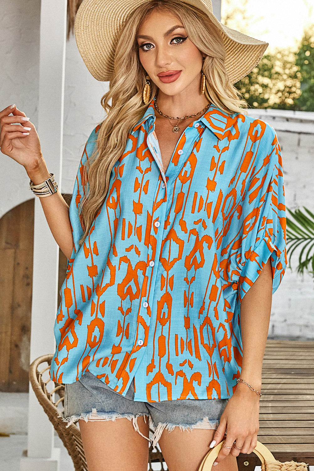 Sky Blue Abstract Print Dolman Short Sleeve Western Loose Shirt
