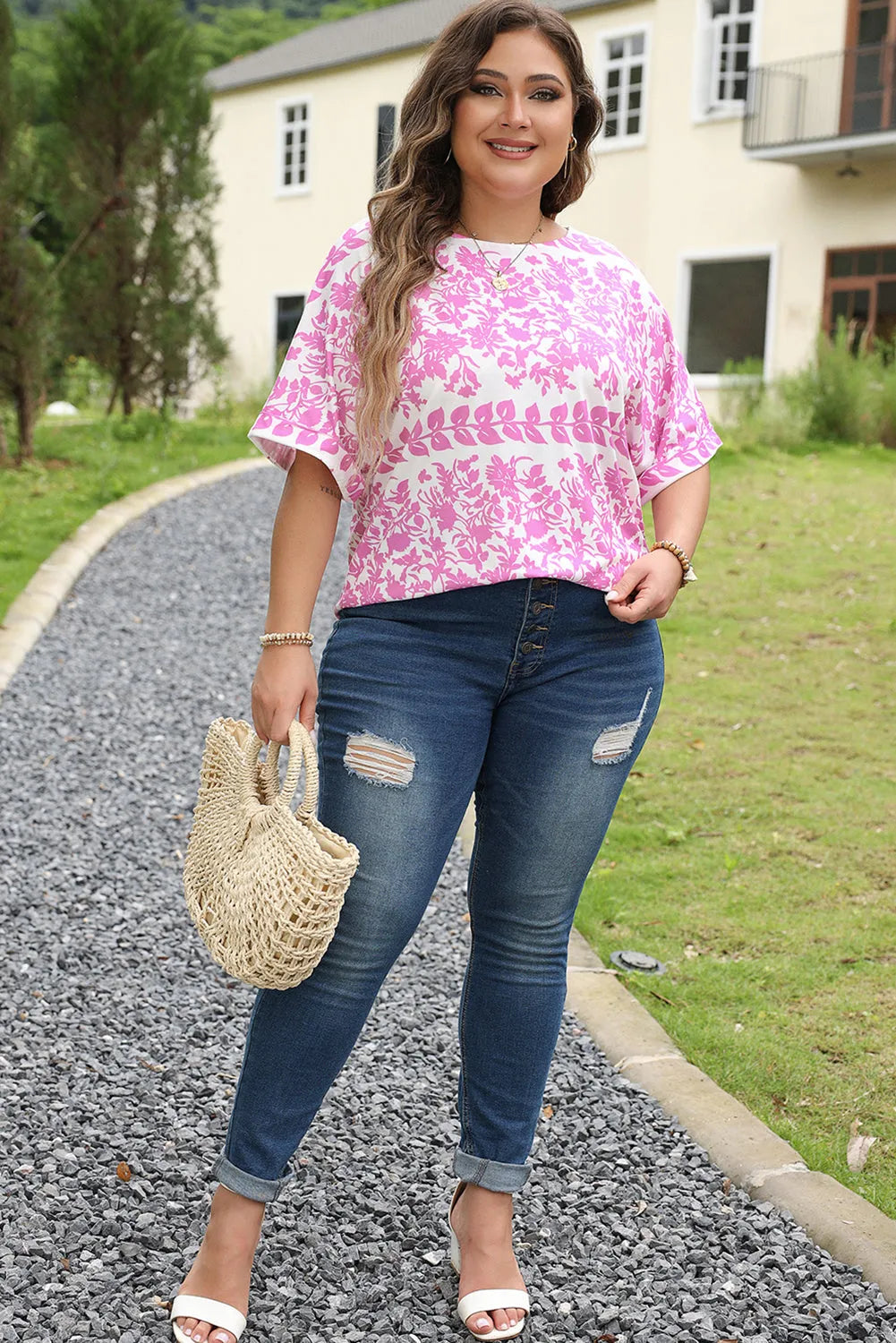 White Floral Printed Curved Hem Plus Size T Shirt - Chic Meadow Boutique 