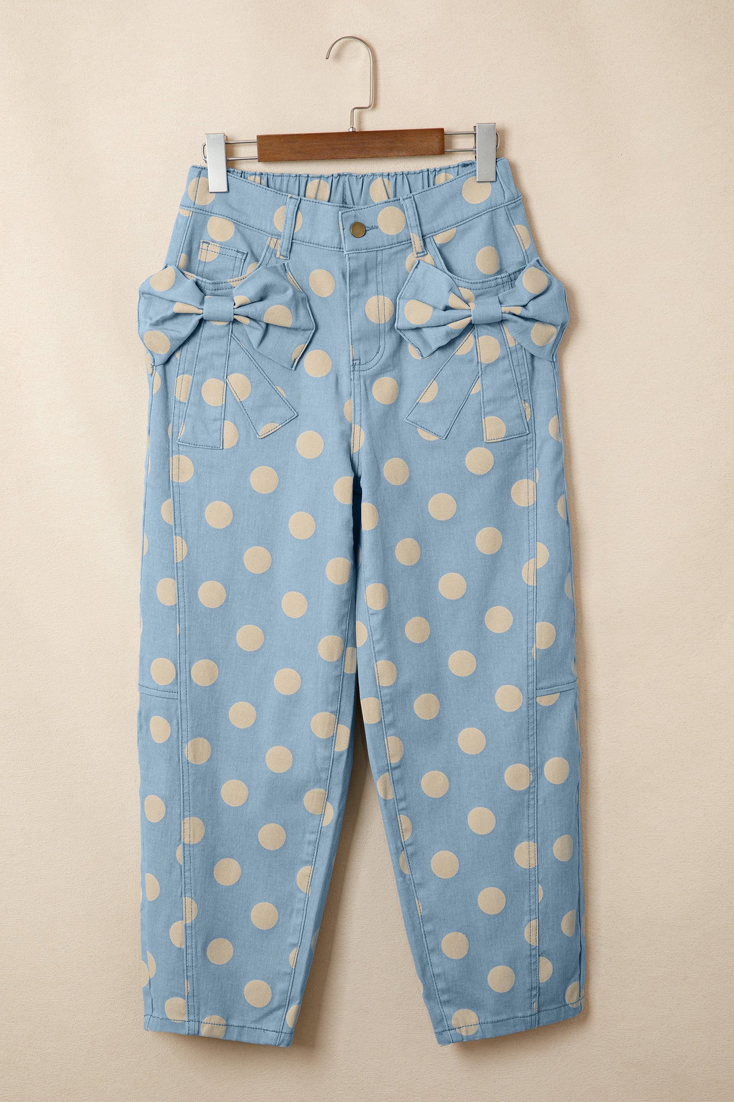 Sky Blue Polka Dot Print Bow Detail Pocketed Jeans
