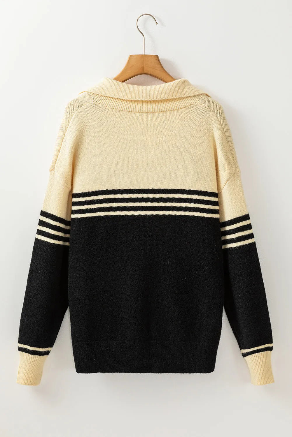 Black Colorblock Stripe Collared V Neck Sweater - Chic Meadow Boutique 