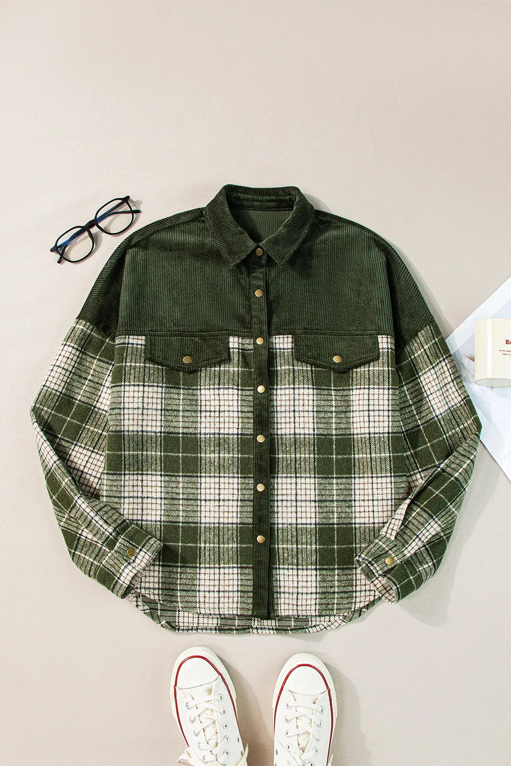 Blackish Green Snap Buttons Colorblock Plaid Shacket - Chic Meadow Boutique 