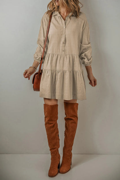 Tan Puff Sleeve Buttoned Tiered Pleated Shirt Mini Dress - Chic Meadow Boutique 