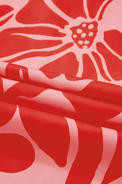 Red Boho Floral Short Sleeve V Neck Buttoned Shirred Waist Long Dress