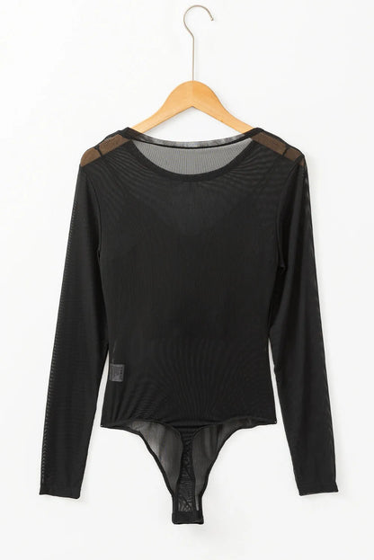 Black Mesh Long Sleeve Slim Fit Bodysuit - Chic Meadow Boutique 