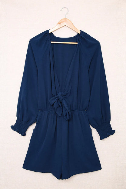 Navy Tie Knot Puff Long Sleeve Romper - Chic Meadow Boutique 