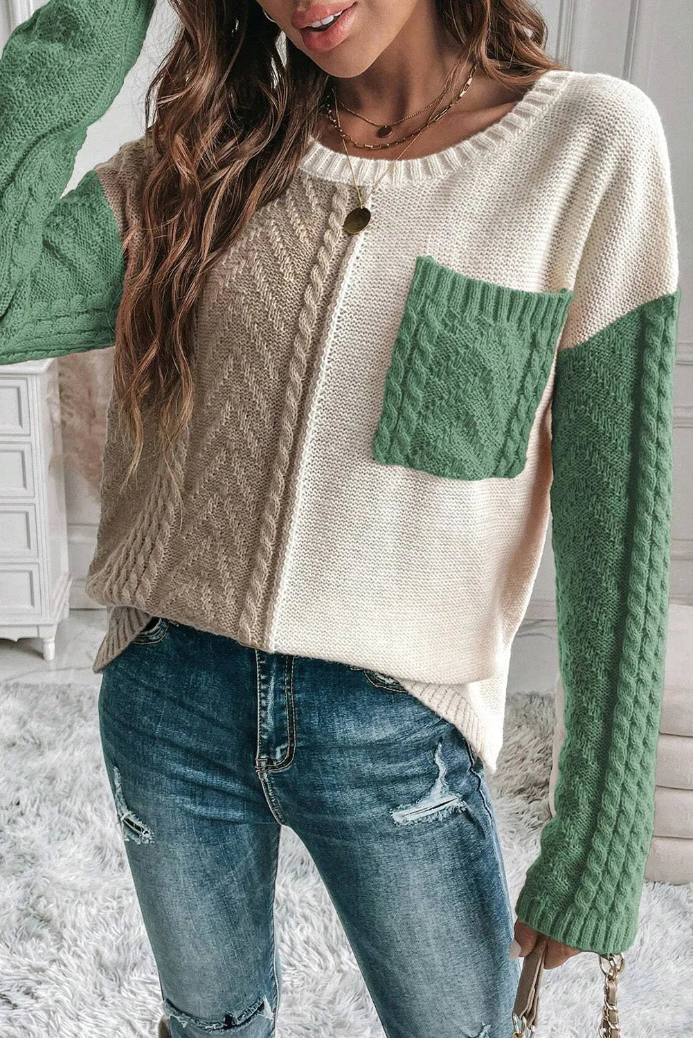 Vineyard Green Colorblock Patched Pocket Drop Shoulder Sweater - Chic Meadow Boutique 