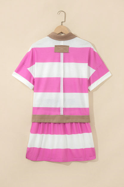 Rose Stripe Colorblock Trim Polo Tee Drawstring Mini Skort 2pcs Set