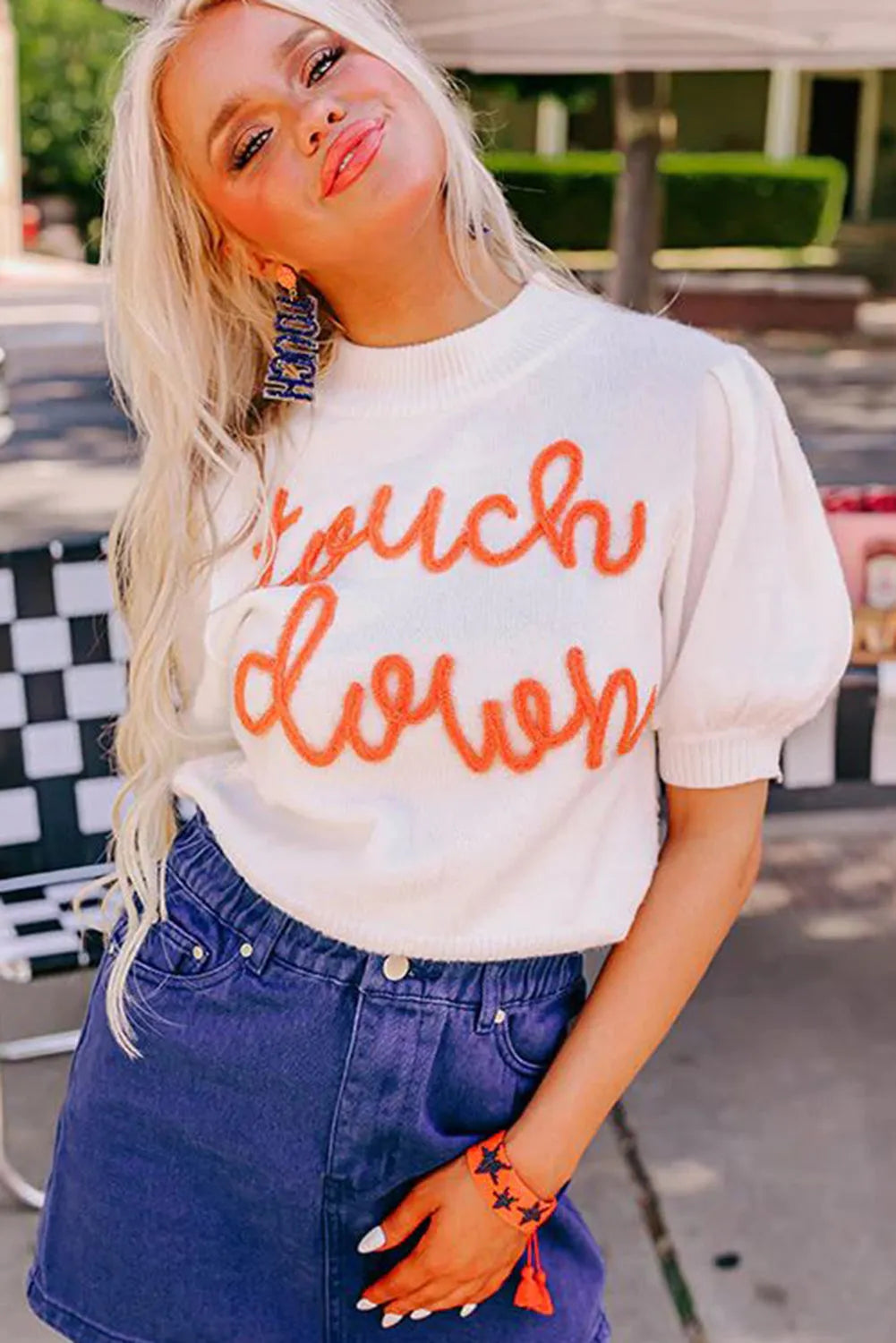 White Touchdown Tinsel Puff Short Sleeve Crew Neck Sweater - Chic Meadow Boutique 