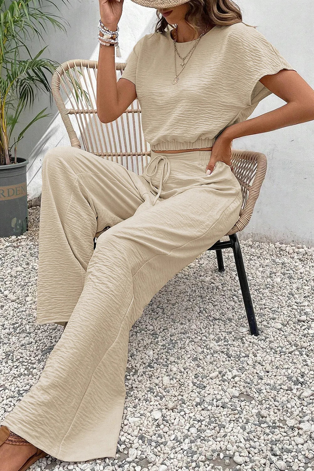 Beige Crinkled Elastic Hem Crop Tee and Wide Leg Pants Set - Chic Meadow Boutique 