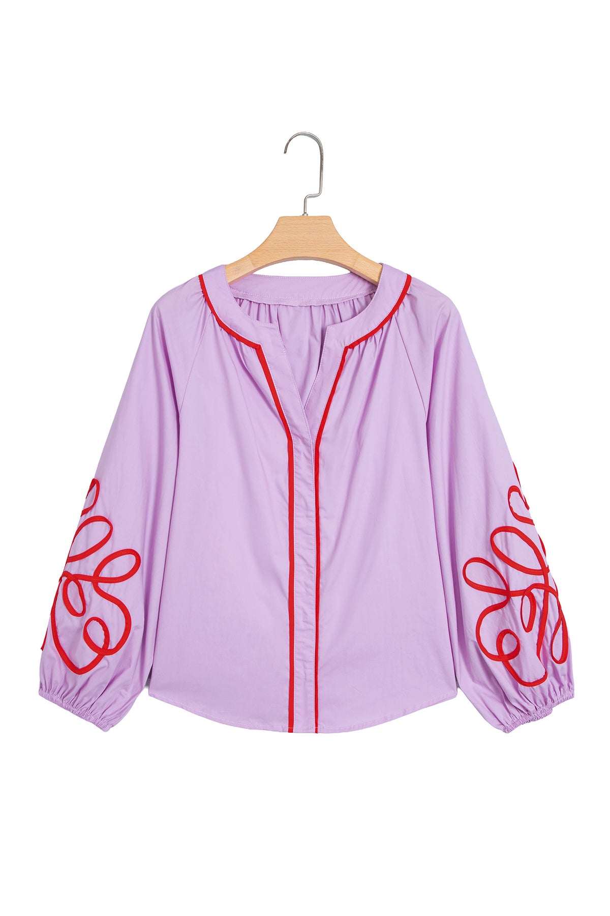 Orchid Bouquet Contrast Detail Long Sleeve Decorative Neckline Cotton Blouse