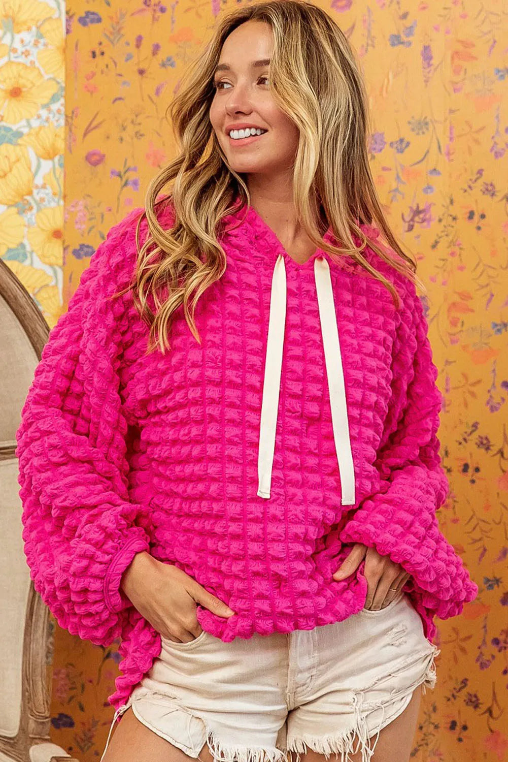 Rose Bubble Textured Waffle Hoodie - Chic Meadow Boutique 