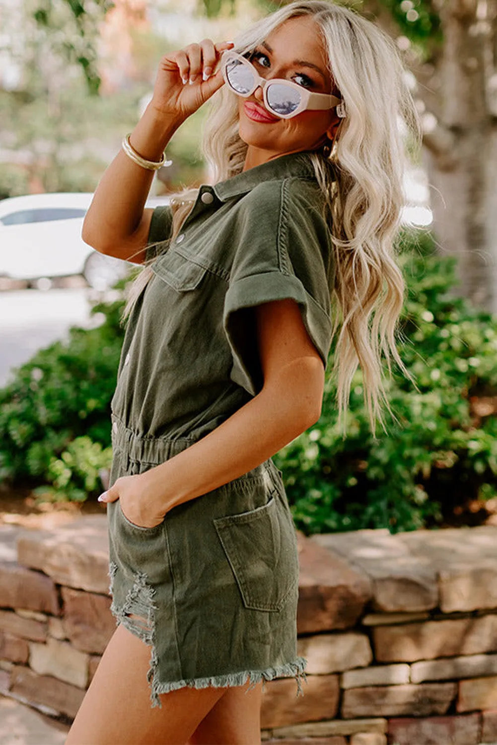 Bottoms/Jumpsuits & Rompers Moss Green Distressed Frayed Denim Romper