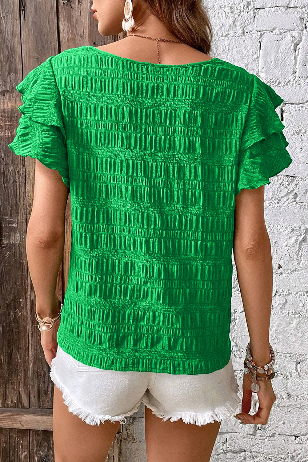 Dark Green Textured Ruffled Sleeve Round Neck Top