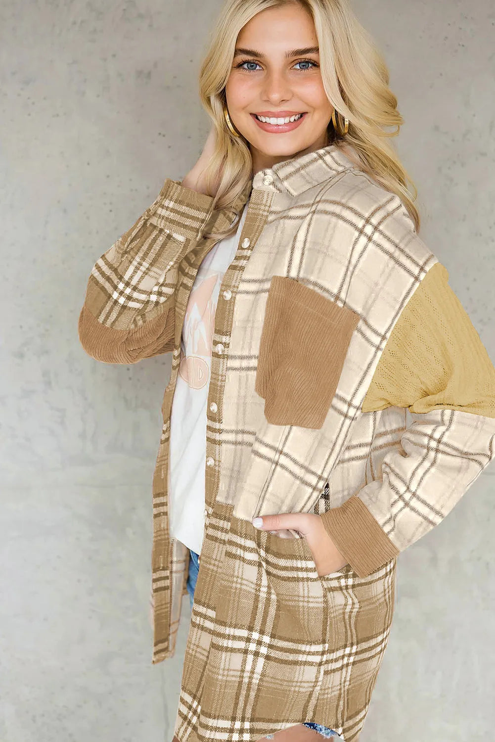 Khaki Plaid Color Block Patchwork Shirt Jacket with Pocket - Chic Meadow Boutique 