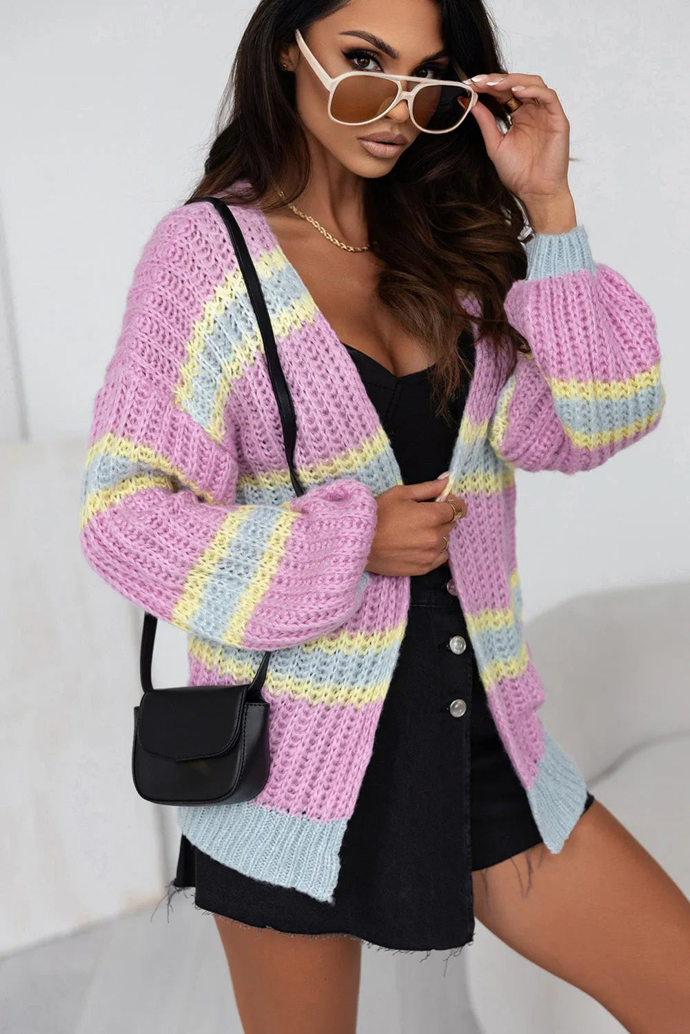 Pink Contrast Striped Open Front Cable Cardigan - Chic Meadow Boutique 