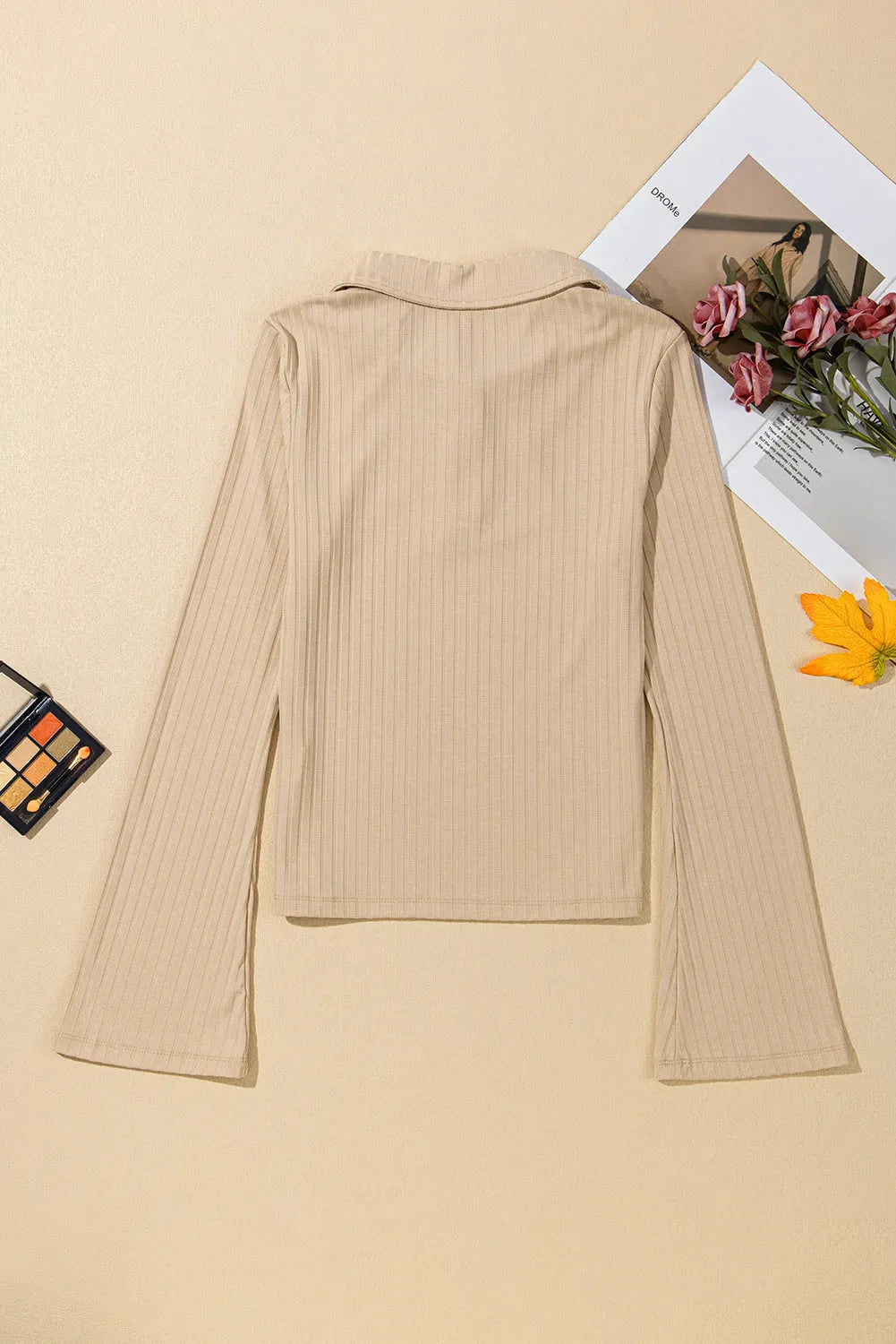 Beige Ribbed Buttoned Collar Long Sleeve Slim Fit Top - Chic Meadow Boutique 