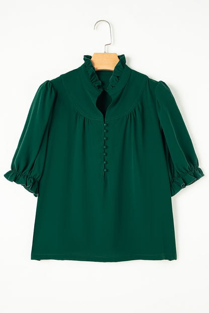 Blackish Green Solid Puff Sleeve Frilled Trim Elegant Blouse