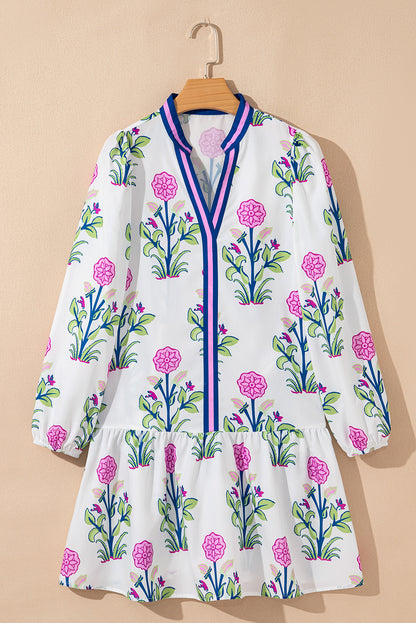 White Floral Print Contrast Striped Trim Notched Neck Long Sleeve Dress