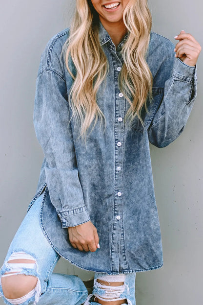 Sky Blue Vintage Washed Chest Pocket Denim Shirt - Chic Meadow Boutique 