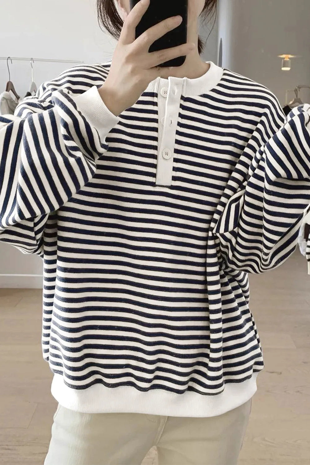 White Stripe Color Block Buttoned Crew Neck Oversized Sweatshirt - Chic Meadow Boutique 