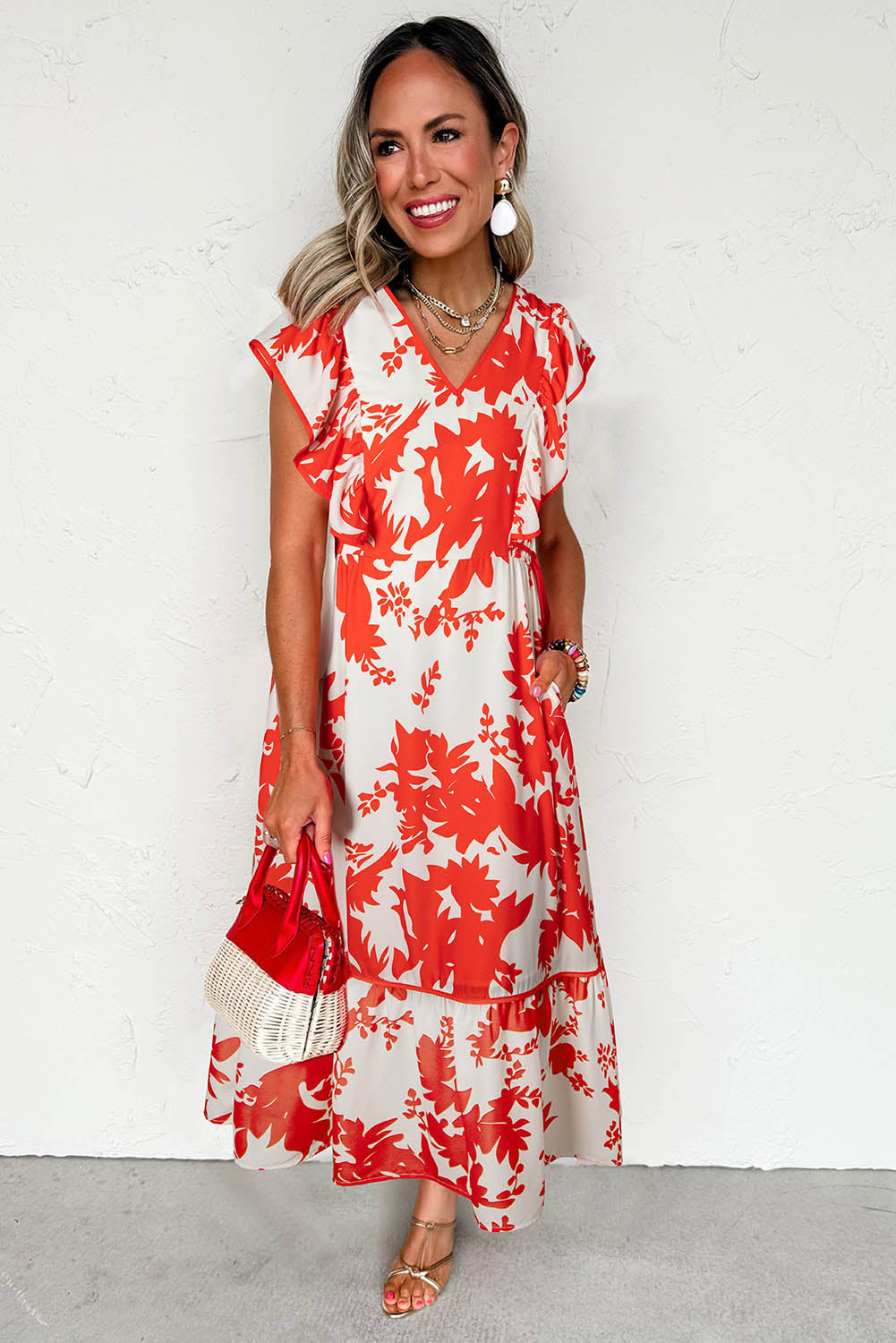 Red Floral Print Trimmed V Neck Ruffle Sleeve Long Dress