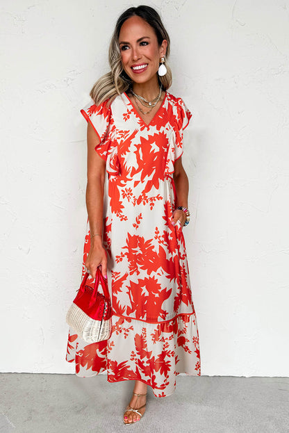Red Floral Print Trimmed V Neck Ruffle Sleeve Long Dress