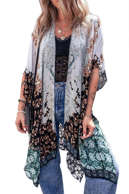 Outerwear/Kimonos Green / ONE SIZE / 100%Cotton Green Boho Floral Print Irregular Hem Flowy Kimono