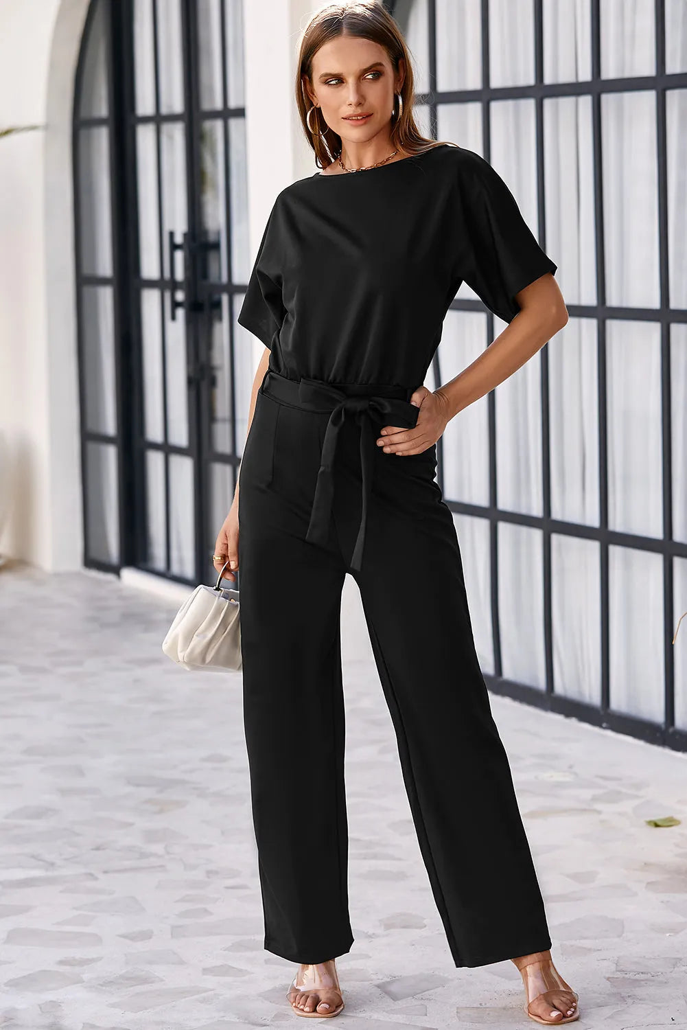 Black Belted Wide Leg Jumpsuit - Chic Meadow Boutique 