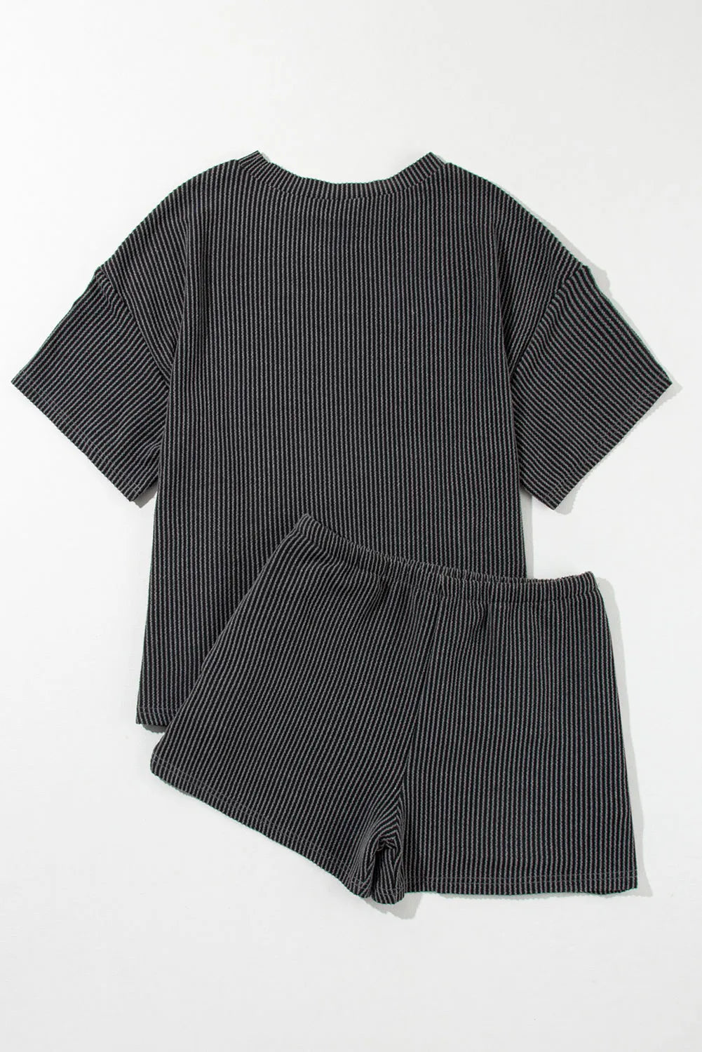 Carbon Grey Ribbed Textured Knit Loose Fit Tee and Shorts Set - Chic Meadow Boutique 