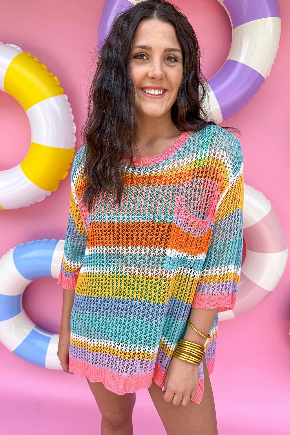 Pink Stripe Colorblock Hollowed Crochet 3/4 Sleeve Sweater - Chic Meadow Boutique 