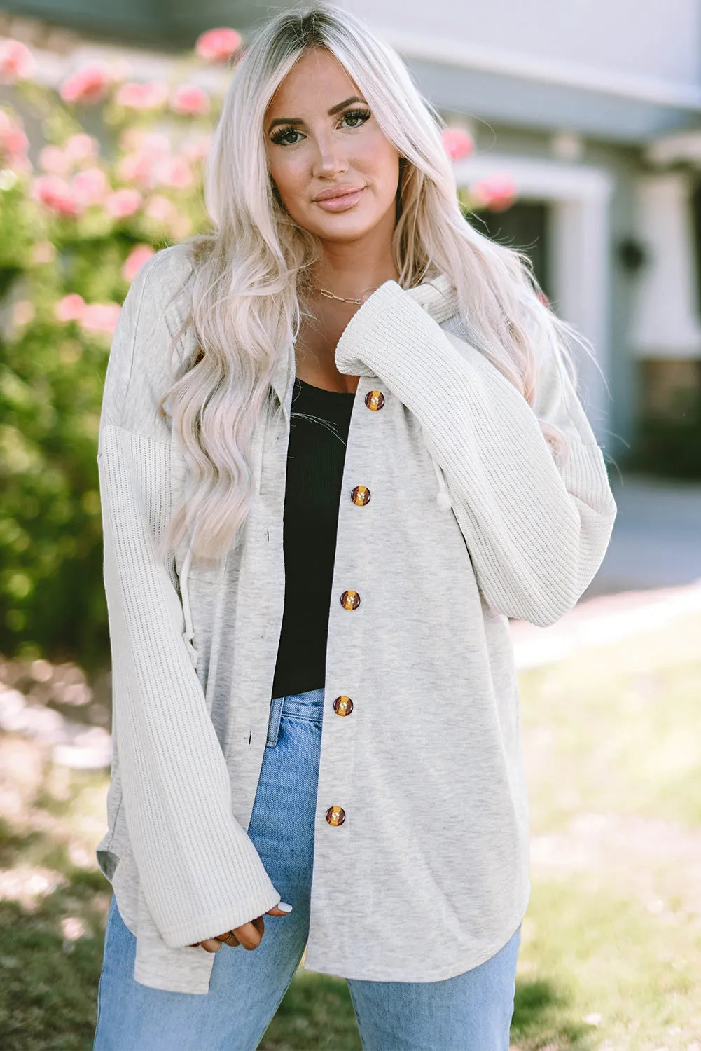 Gray Button Up Contrast Knitted Sleeves Hooded Jacket - Chic Meadow Boutique 