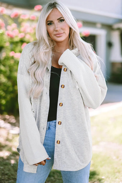 Gray Button Up Contrast Knitted Sleeves Hooded Jacket - Chic Meadow Boutique 