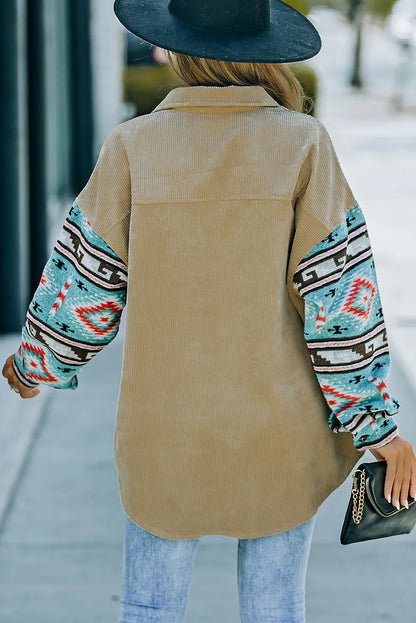 Khaki Aztec Pattern Sleeve Pocketed Corduroy Shacket - Chic Meadow Boutique 