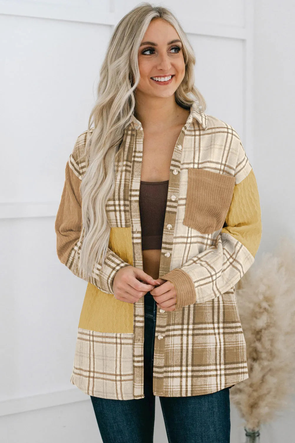 Khaki Plaid Color Block Patchwork Shirt Jacket with Pocket - Chic Meadow Boutique 