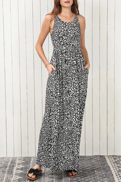 Gray Leopard Print Pocketed Sleeveless Maxi Dress - Chic Meadow Boutique 