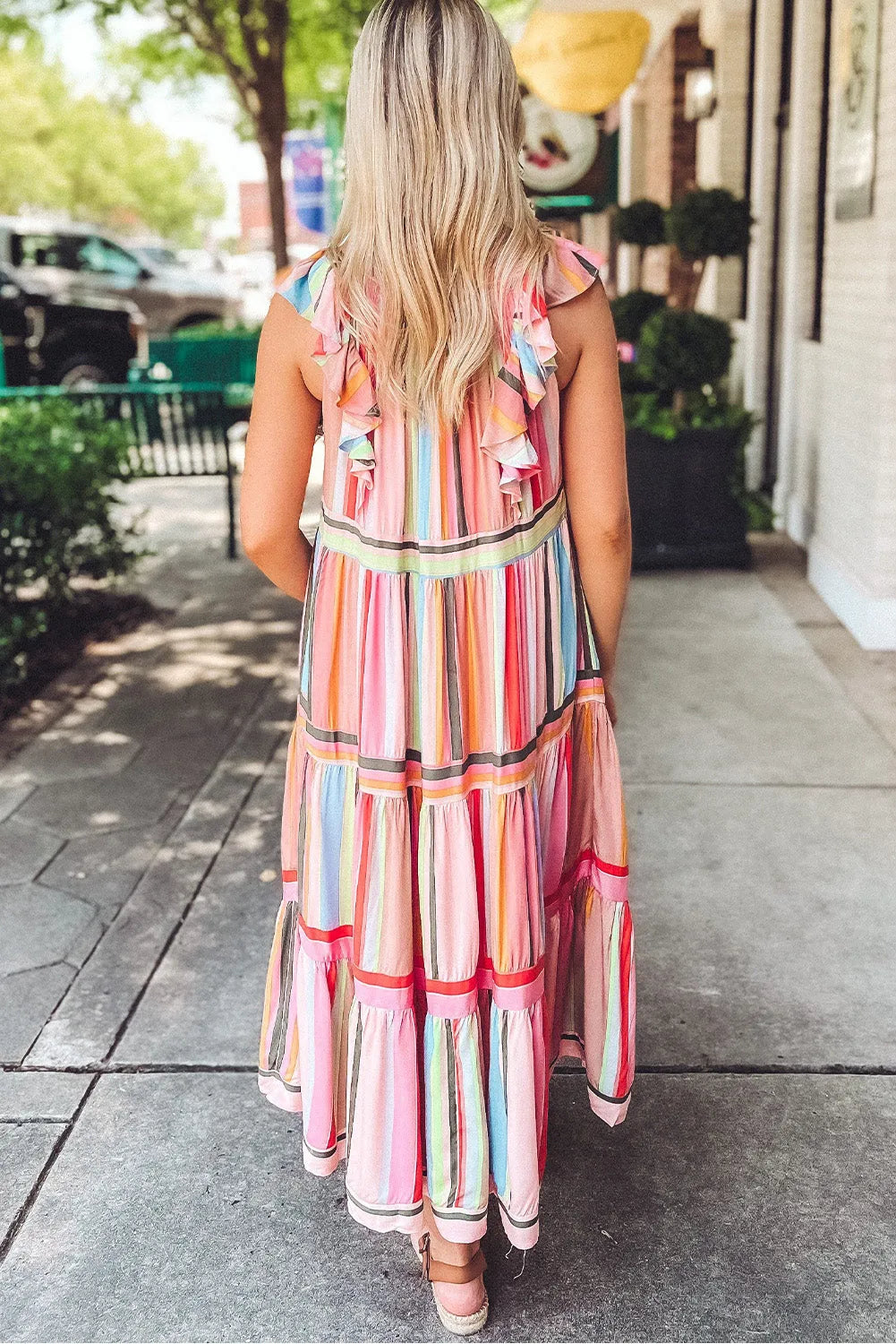 Pink Rainbow Stripe Ruffles Ruched Tiered Dress - Chic Meadow Boutique 