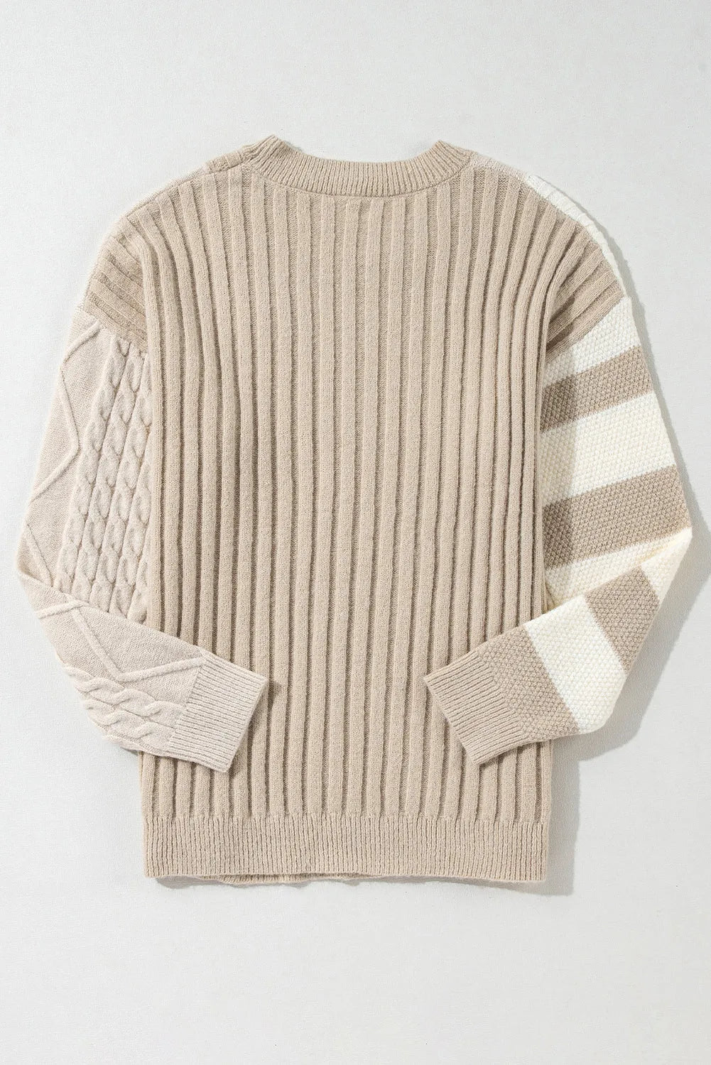 Khaki Cable Knit Colorblock Crew Neck Drop Shoulder Sweater - Chic Meadow Boutique 