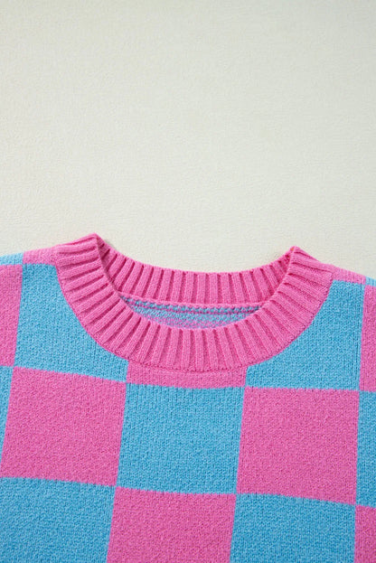 Sachet Pink Colorblock Plaid Pattern Ribbed Trim Sweater Tank Top - Chic Meadow Boutique 